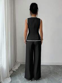 Conjunto de 2 piezas elegante estilo francés con botón con diseño de flor para tiempo libre/commuter para mujer - Blanco y Negro - Ver 2