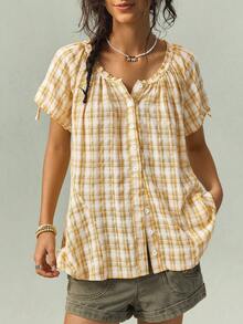 SoleilVie Casual Plaid Short Sleeve Shirt, Summer - Yellow - View 7