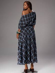 Rustia Plus Size Spring/Summer Plaid Asymmetric Neck Top And Slit Skirt 2-Piece Set - Blue - View 2