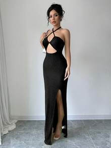 Nevyona Vestido maxi negro ajustado con cuello de halter, espalda descubierta y abertura alta, para salir - Negro - Ver 4