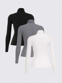 SHEIN BASICS 3pcs Solid Color Knit Turtleneck Raglan Sleeve Fitted Women's Base Layer T-Shirt - Multicolor - View 8