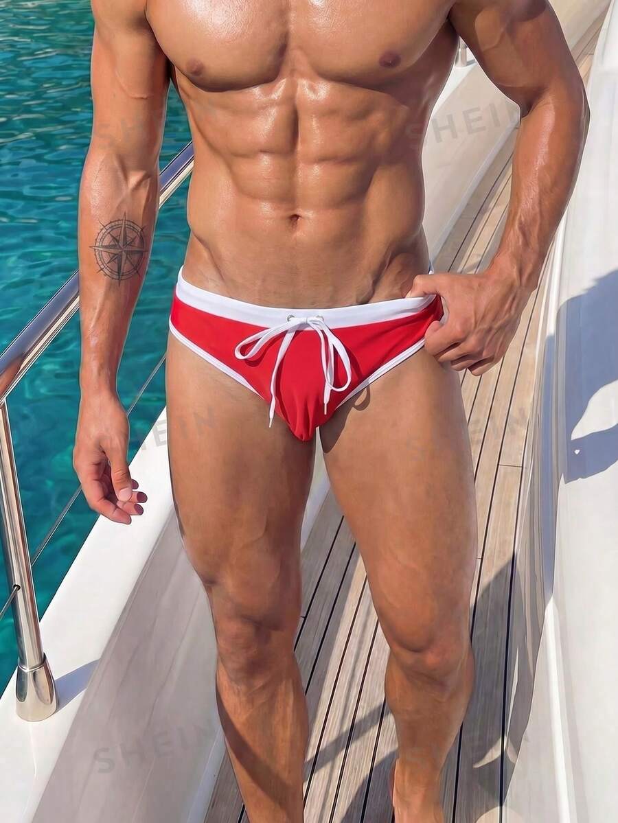 Manfinity Swimmode 2026 Nuevos Bañadores Triangulares de Bloques de Color para Hombres, Vacaciones en la Playa, Fiesta en la Piscina, Festivo - Rojo y blanco - Ver 1