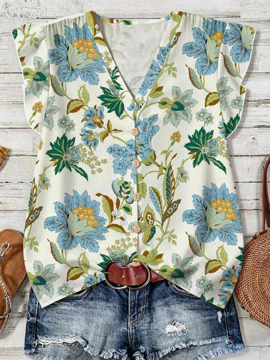 SHEIN LUNE Women's Casual Floral Print Shirt, Suitable For Summer,Summer Top - Multicolor - View 1