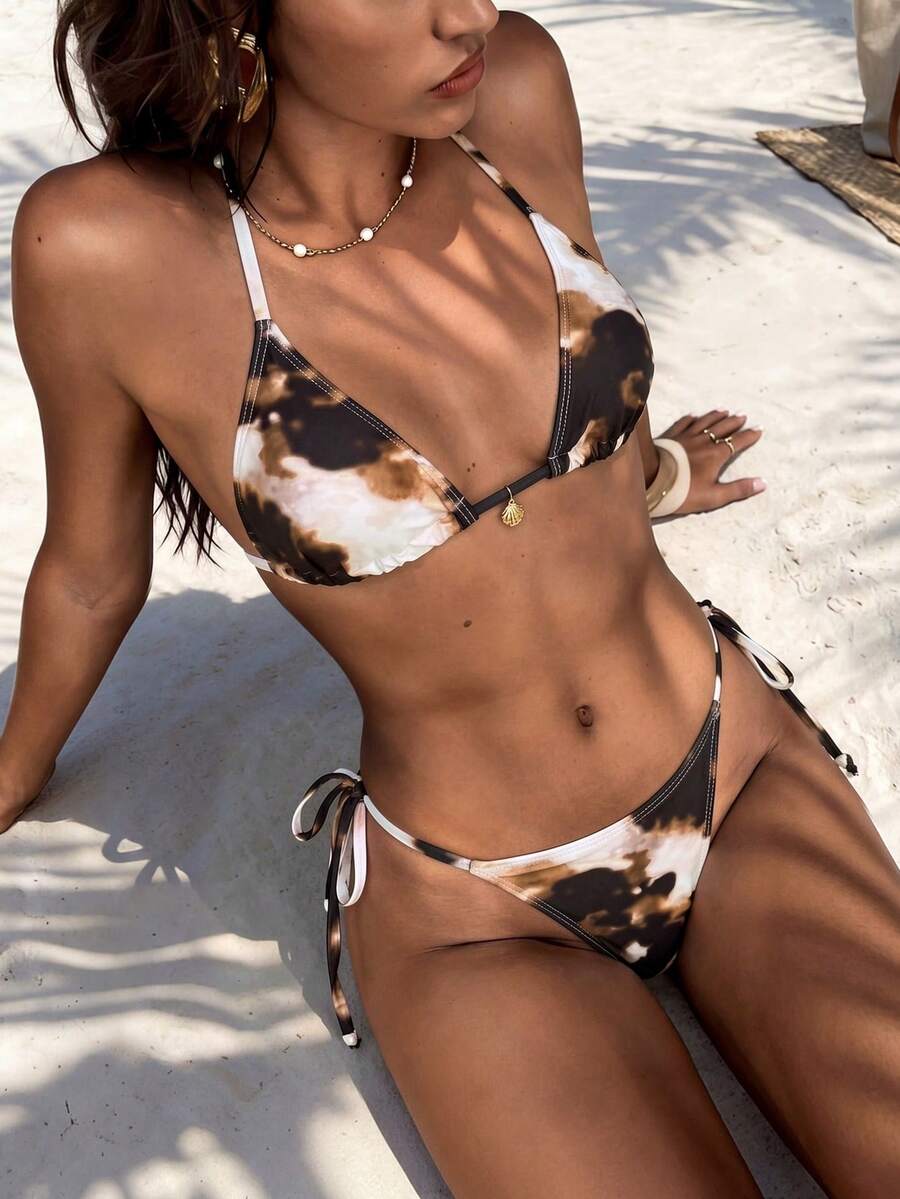 Aloruh 女款夏季新款優雅性感海灘裝 紮染棕色調印花海洋裝飾藝術風 海邊度假時尚泳衣套裝 - 彩色 - 查看 1