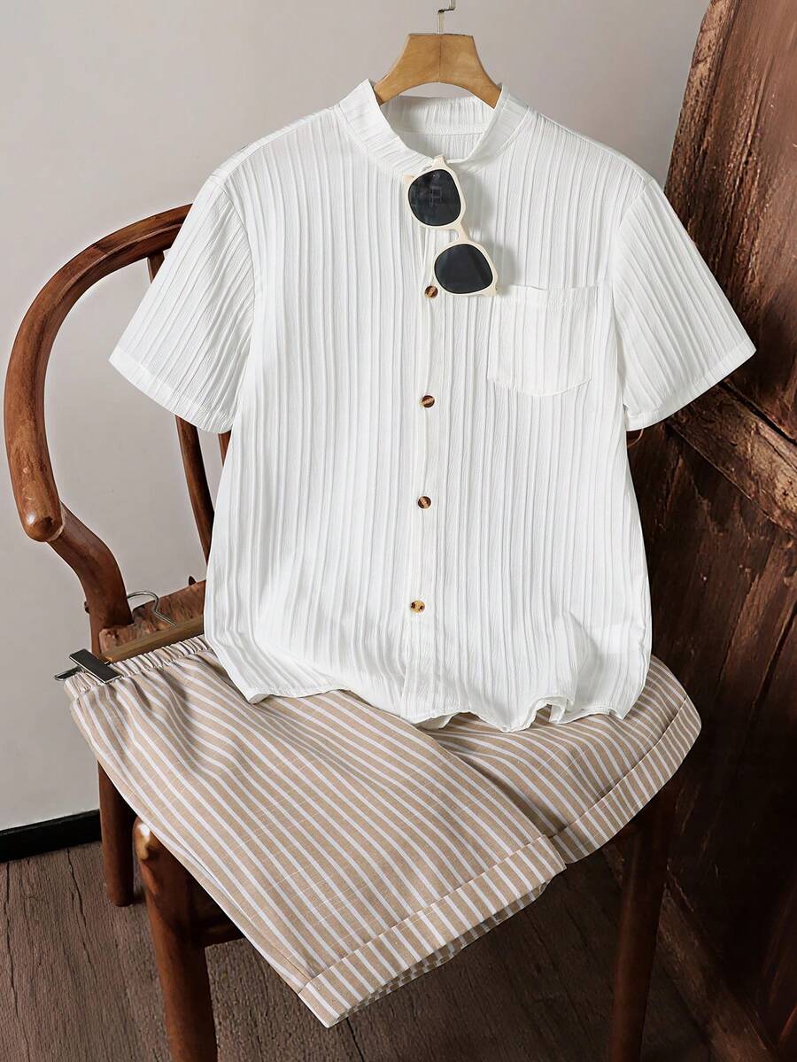Genkimix Kids Bộ 2 món áo ngắn tay và quần short màu trơn phong cách thường ngày cho nam thiếu niên - Màu Khaki - Xem 1
