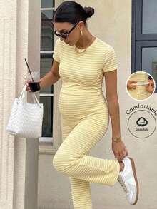 SHEIN 2pcs Maternity Casual Striped Round Neck Short Sleeve T-Shirt And Pants Set, Summer - Yellow - View 1