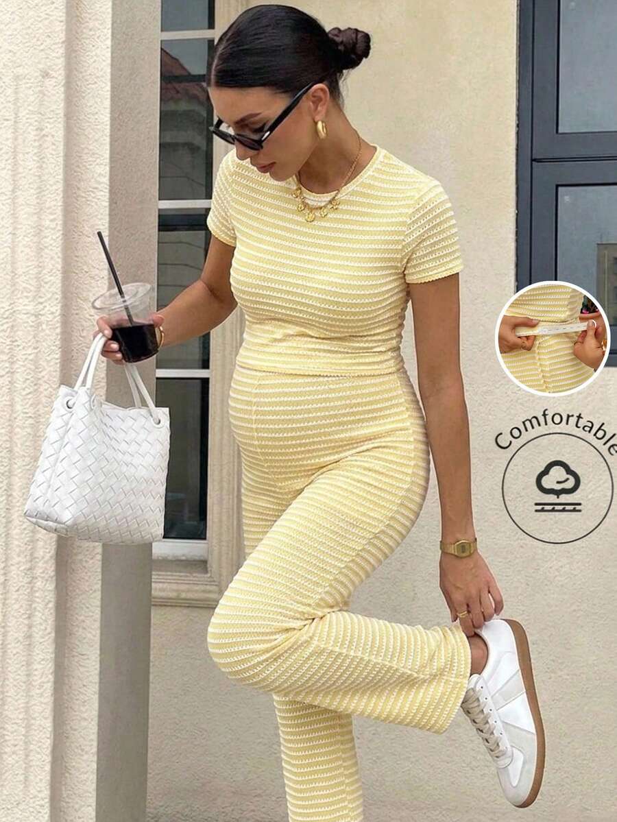 SHEIN 2pcs Maternity Casual Striped Round Neck Short Sleeve T-Shirt And Pants Set, Summer - Yellow - View 1