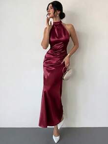 Firerie 女士优雅浪漫约会婚礼季连衣裙，适合派对、聚会、舞会、正式场合，红色露背吊带A字缎面长裙，春夏连衣裙 - 酒紅色 - 查看 3
