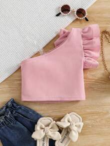 SHEIN Young Girl Solid Color Summer Short One-Shoulder Bow Decor T-Shirt - Pink - View 6
