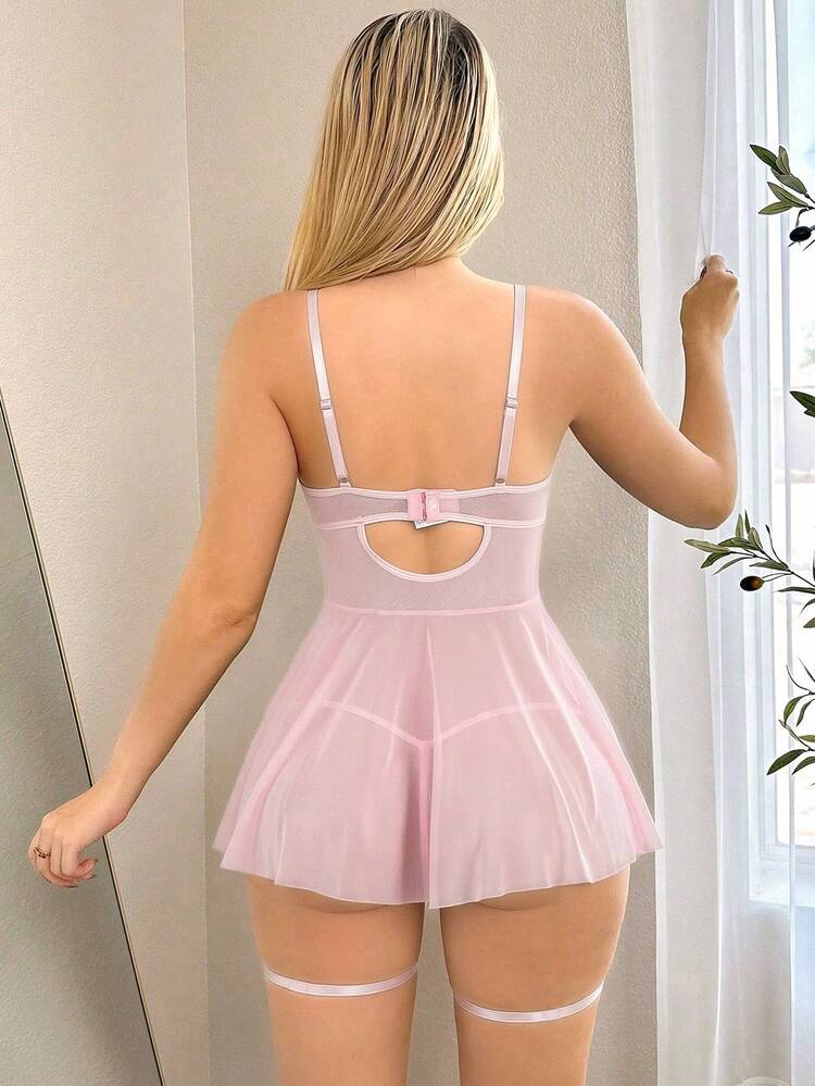 PetitDoll 3pcs/Set Lace Contrast Mesh Sexy Nightgown For Women - Pink - View 2