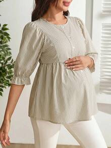 SHEIN Women's White Striped Shirt, Half-Open Collar, Single-Breasted, Loose Sleeves And Hem Design, Elegant Softmotherhood And Versatile, Autumn Maternity - Khaki - View 3