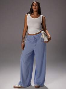 Rustia Autumn Fashionable Blue And White Embroidered Loose Waist Tie Pants, Suitable For Casual Wear, Vacation, Home And Beach - Blue and White - View 3