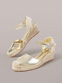 Styleloop 女款封趾麻繩金色腳踝綁帶高跟厚底鞋，優雅度假風舒適休閒海灘波希米亞式後跟帶女鞋 - 金色 - 查看 4
