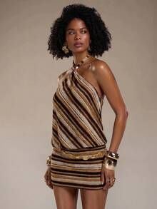 Normani Summer Festival Party Night Out Vacation Beach Graduation Elegant Sexy Country Y2k Women's Contrast Color Brown Striped Backless Halter Mini Dress - Coffee - View 6