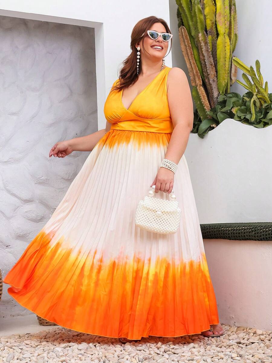 Truni Plus Size Women's Elegant Orange Gradient Sleeveless Pleated Dress,Summer Tropical Vacation Holiday Beach Sunset Tequila Sunrise Dress For Pear