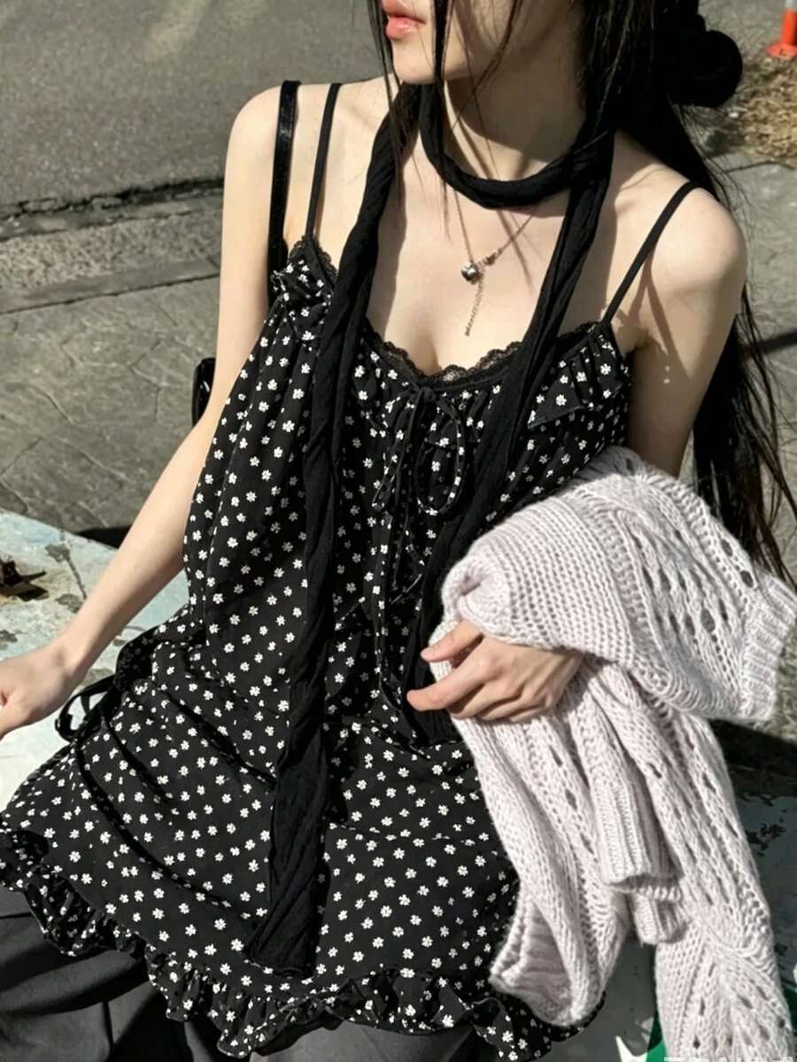 DAZY 女款波點休閒百搭日常穿搭細肩帶背心上衣圖案T恤夏季 - 黑色 - 查看 1