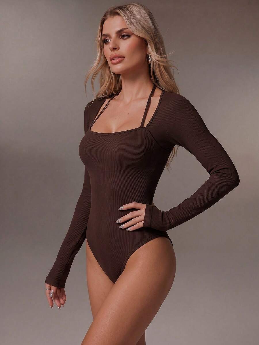 SHEIN Sports 無縫螺紋高彈性瑜珈連身運動衣 - 棕色 - 查看 1