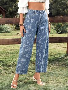 SHEIN PETITE Damen Lässig Sonnenblumen Muster Schlagjeans, Petite Damen - Mittele Waschung - Übersicht 5
