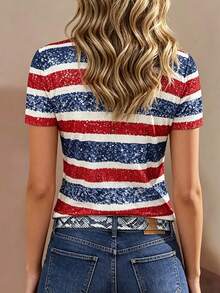 EMERY ROSE Contrast Color Striped Sequin Print Women's T-Shirt, V-Neck Zipper Design - Multicolor - View 2