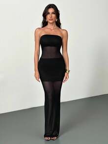 SHEIN Tall Đầm lưới xuyên thấu màu trơn, không dây vai, không tay, gợi cảm, thích hợp cho các buổi tiệc tùng, mùa hè, mùa xuân, ngày Valentine, đi chơi, thanh lịch, nghỉ mát, chất liệu lưới, xuyên thấu, màu đen, đầm ôm sát gợi cảm, đầm ống đen, đầm đen xuyên thấu, đầm quyến rũ, đầm đen gợi cảm dành cho nữ, đầm đen. - màu đen - Xem 3