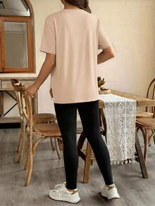 SHEIN Maternity Spring/Summer/Autumn Casual Daily Commute Short Sleeve Split Hem T-Shirt And Adjustable Waist Skinny Long Pants Set - Apricot - View 3