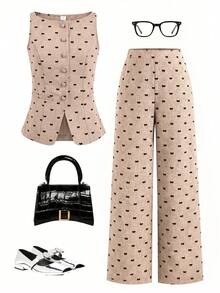 SHEIN Tween Girl Commuting Casual Flocked Bow Sleeveless Top And Straight Leg Pants Set - Khaki - View 7