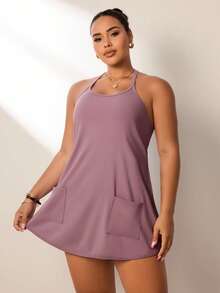 Easithlete Plus Size Women's Summer Minimalist Solid Color Patchwork Pocket Racerback Sports Dress - Dusty Purple - View 5