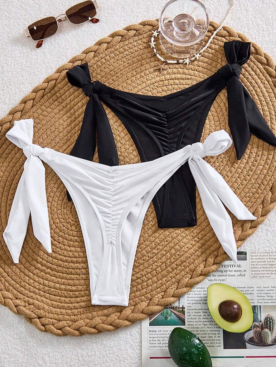 SHEIN Bagian Bawah Baju Renang Wanita Warna Polos untuk Pantai/Resort - Hitam dan Putih - View 1