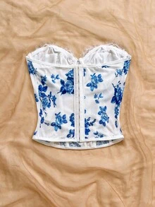 Soleia Women's Vacation Floral Print Contrast Lace Fashion Tube Top - Blue and White - View 2