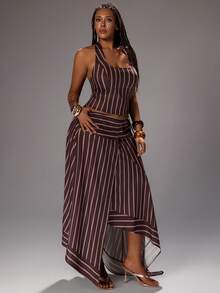 Rustia Plus Size Women Summer 2-Piece Set: Striped Halter Crop Top And Asymmetric Hem Skirt - Multicolor - View 5