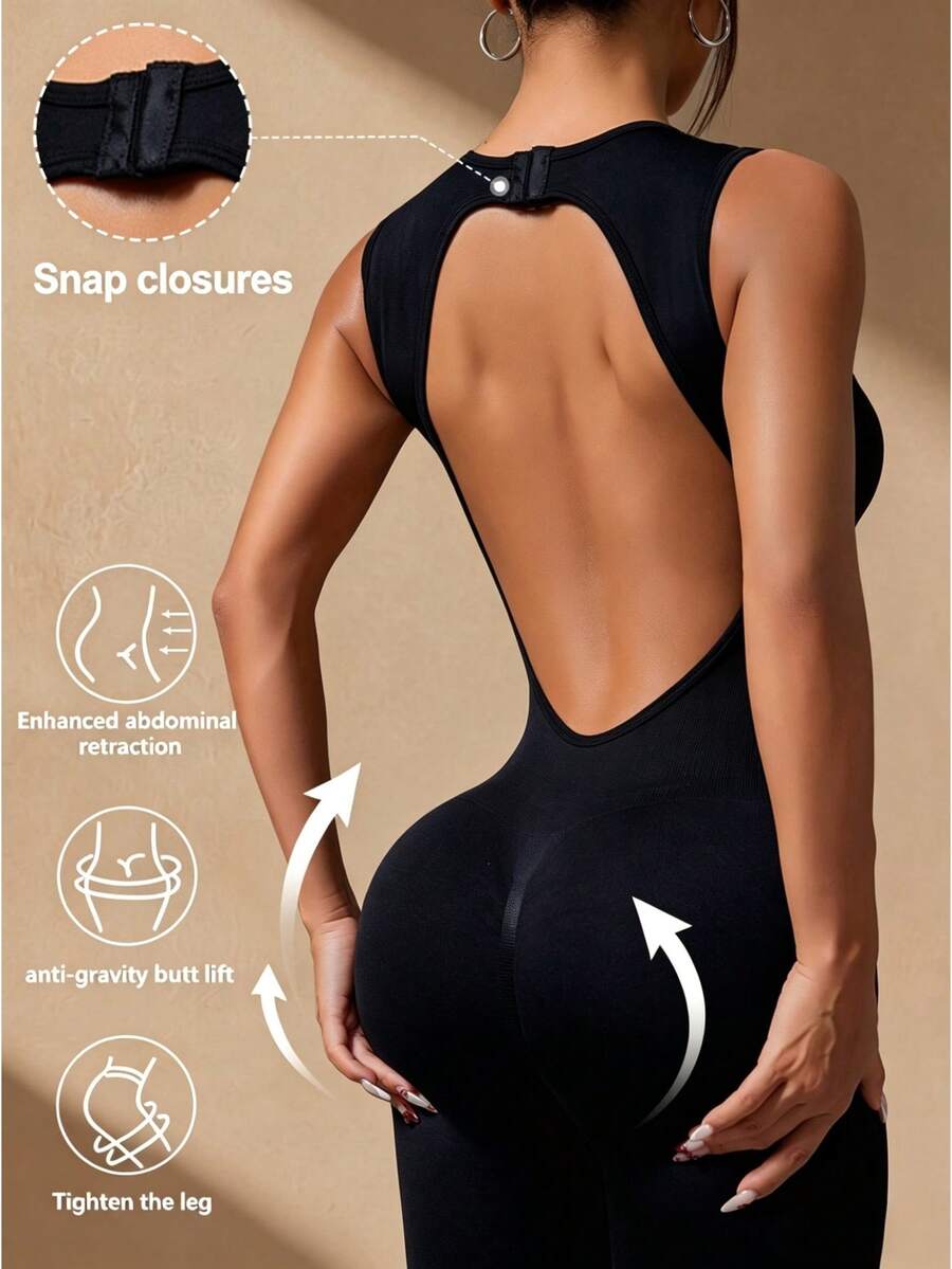 Glamine Solid Color Round Neck Sleeveless Backless Jumpsuit, Sports Summer - Black - View 1