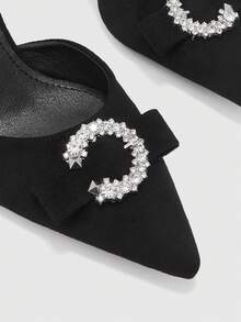 CUCCOO BIZCHIC Black Suede Pointed Back Empty Mullers, Rhinestone Buckle Thick Heel With Sandals - Black 6 - View 8