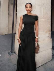 Zivah Easter St. Patrick's Day Valentine's Day Wedding Guest Party Asymmetric Shoulder Patchwork Pleated Hem Long Black Knit Dress - Black - View 4