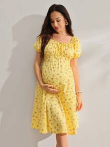 GentleRue Maternity 孕婦小碎花前綁帶短袖泡泡袖洋裝 - 黃色 - 查看 5