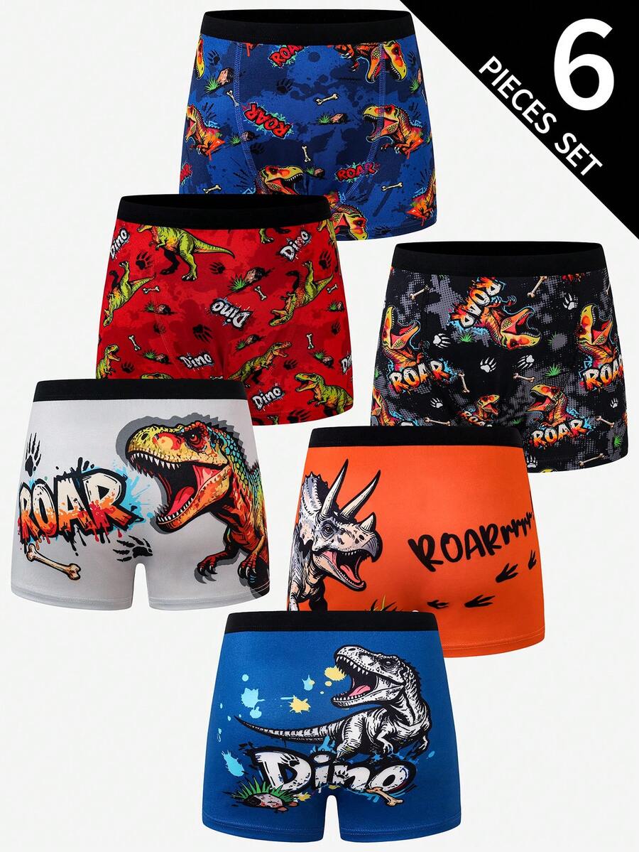 6pcs/Pack Celana Dalam Anak Laki-Laki Motif Dinosaurus, Desain untuk Semua Musim - MultiWarna - View 1