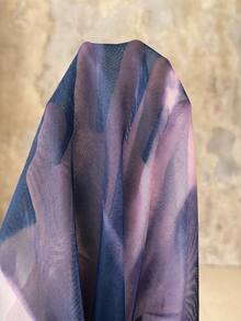 Roveilla Áo thun size lớn với vai bất đối xứng lưới ombre nghệ thuật, áo blouse in họa tiết thanh lịch - Bụi tím - Xem 6