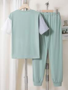 SHEIN 2 pièces/Set T-shirt et pantalon décontractés minimalistes bleu, gris et blanc pour garçons, motif patchwork, convient pour le port quotidien et les sorties au printemps/été - Vert - Voir 2
