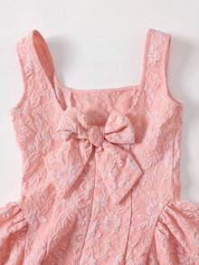 SHEIN Pitira Tween Girls' Elegant Pink Jacquard Square Neck A-Line Sleeveless Dress With Bow Decor, Summer - Pink - View 6