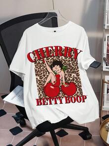 Betty Boop x SHEIN 大尺碼女款字母卡通印花休閒百搭日常出遊短袖T恤 - 白色 - 查看 1