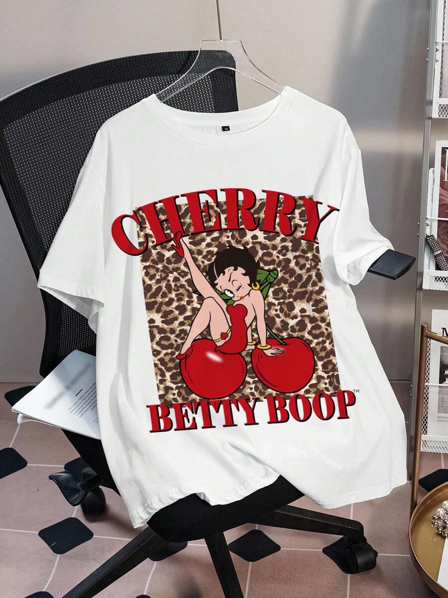 Betty Boop x SHEIN 大尺碼女款字母卡通印花休閒百搭日常出遊短袖T恤 - 白色 - 查看 1