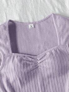 Teen Girl Summer Casual Vacation Daily Commute Minimalist Solid Color Textured Fabric Sweetheart Neckline Ruched Bust Fitted Top - Purple - View 4