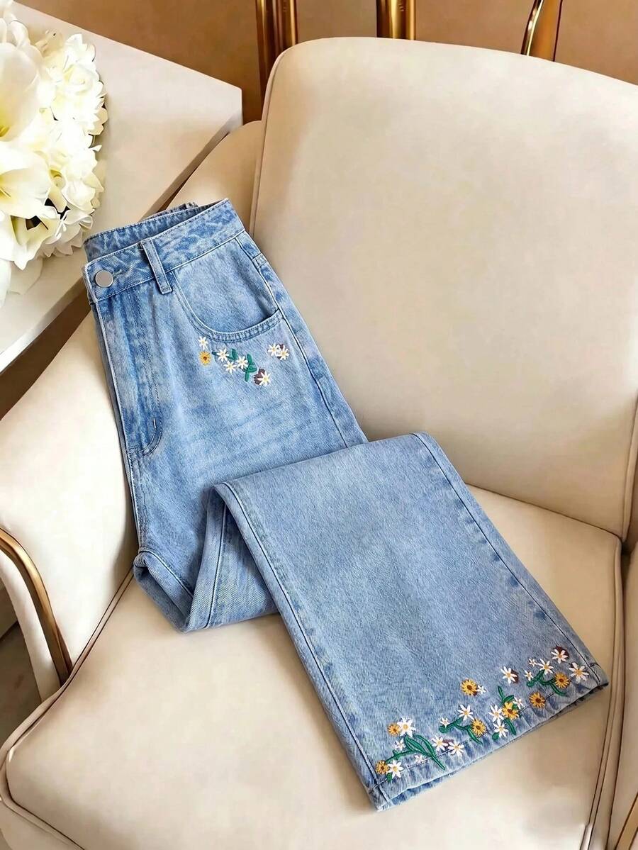 GlowEve Denim Denim Bordados com Flores de Verão para Mulheres - Lavagem clara - Visão 1