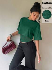 Siren Gaze 2合1設計女款蕾絲拼接短袖T恤，Y2K風格夏季休閒上衣 - 綠色 - 查看 6