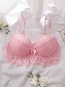 DelicateAllure Pink Lace Patchwork Balconette Push-Up Bra With Underwire, High Support, Lift & Cleavage, Comfortable & Cute Women's Lingerie - Pink - View 6
