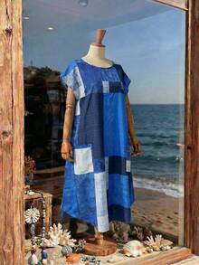Rusticease Plus Size Women's Patchwork Colorblock Round Neck Fashionable Vacation Dress  Summer Spring Clothing Country Style For Women - Blue - View 5