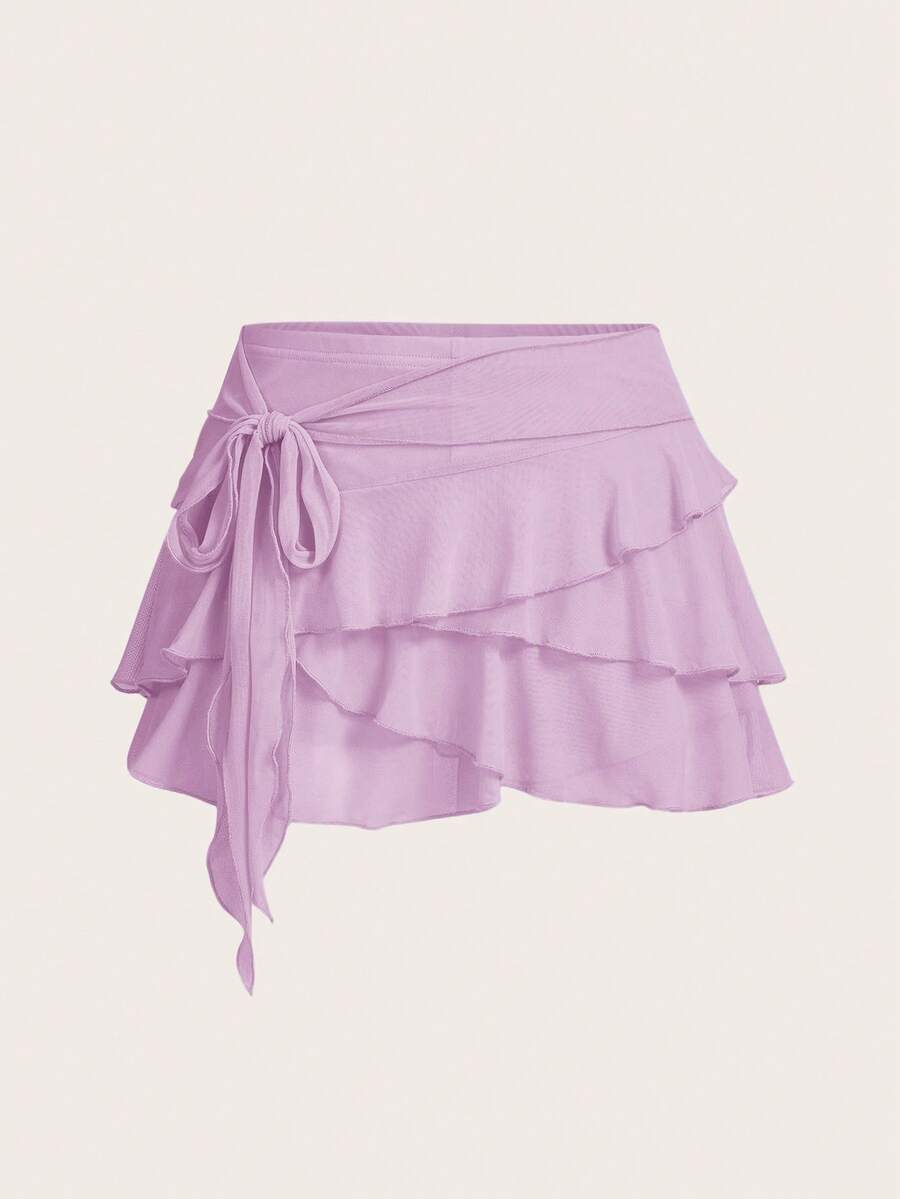 SHEIN ICON Women's Multi-Layer Ruffle Trim Low Rise Y2K Sexy Mini Purple Skirt Beach Autumn - Mauve Purple - View 1