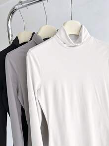SHEIN BASICS 3pcs Solid Color Knit Turtleneck Raglan Sleeve Fitted Women's Base Layer T-Shirt - Multicolor - View 4