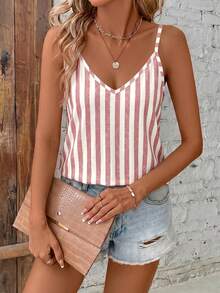 SHEIN Clasi Camisole V-Neck Longgar Motif Garis-Garis Tiruan Minimalis Kasual Warna Merah & Aprikot, Gaya Serbaguna Cocok untuk Musim Panas - MultiWarna - View 6