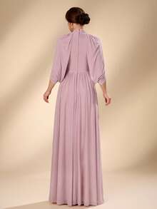 Serin Gaun A-line Rajut Elastis Lengan Berkerut Mewah dan Elegan dengan Gesper Logam, Cocok untuk Pernikahan, Pesta, Liburan, Acara Dansa, Festival, Wisuda, Gala, dan Gaun Ibu Pengantin. - Dusty Pink - View 3