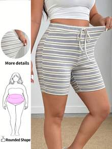 Enliva Plus Size Women Striped Knit Shorts, Autumn Apparel, Back To School Season, Tight 7/8 Pants, For Apple And Rounded Body Shape - Multicolor - View 1